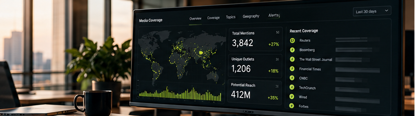 A media coverage dashboard at a working desk